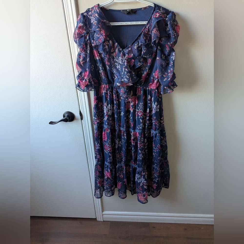 max Chic Navy Floral Midi Dress with Ruffle Sleeves
